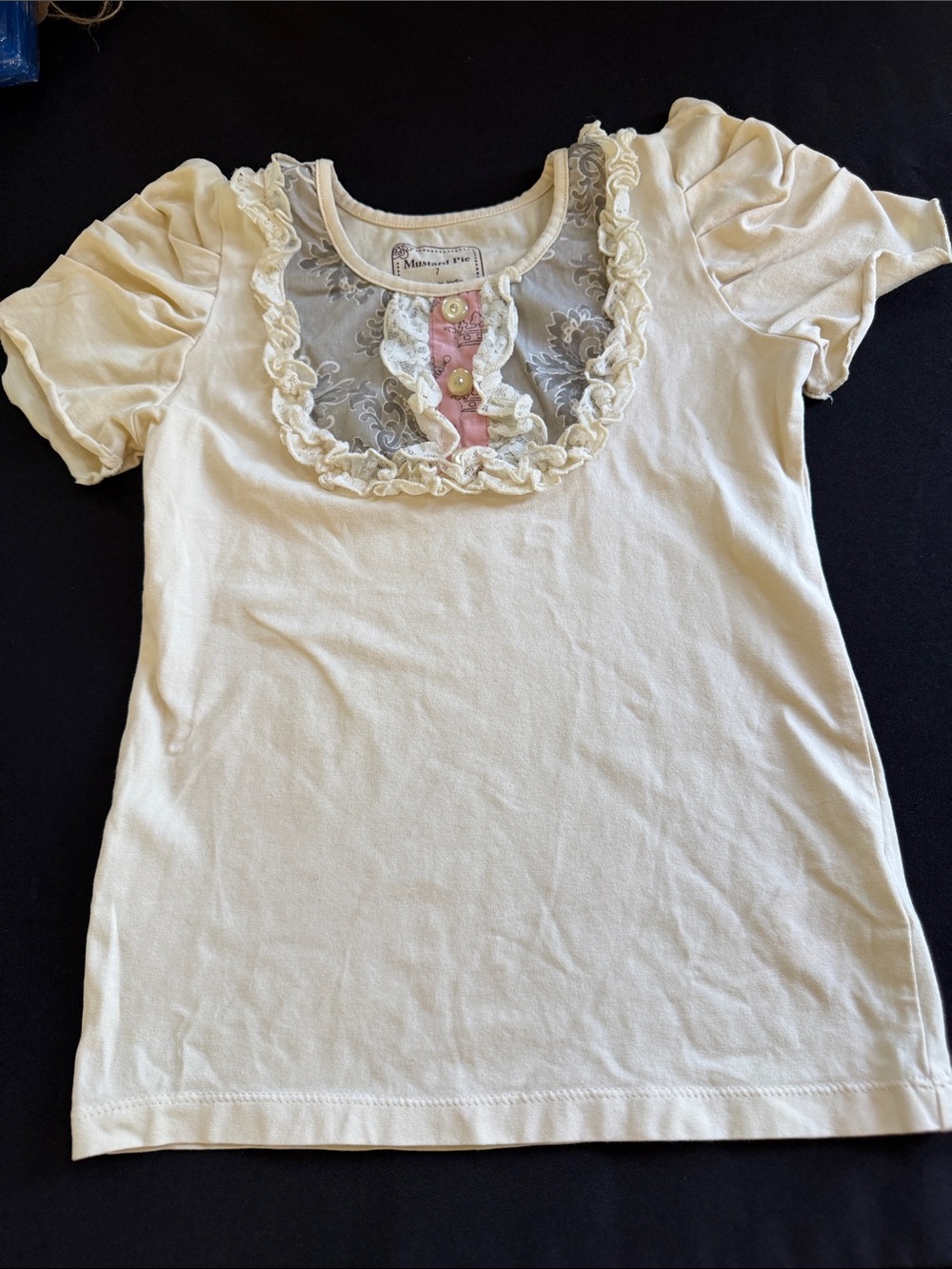 Mustard Pie Cream Short Sleeve Tee with Pink Button & Lace Yoke